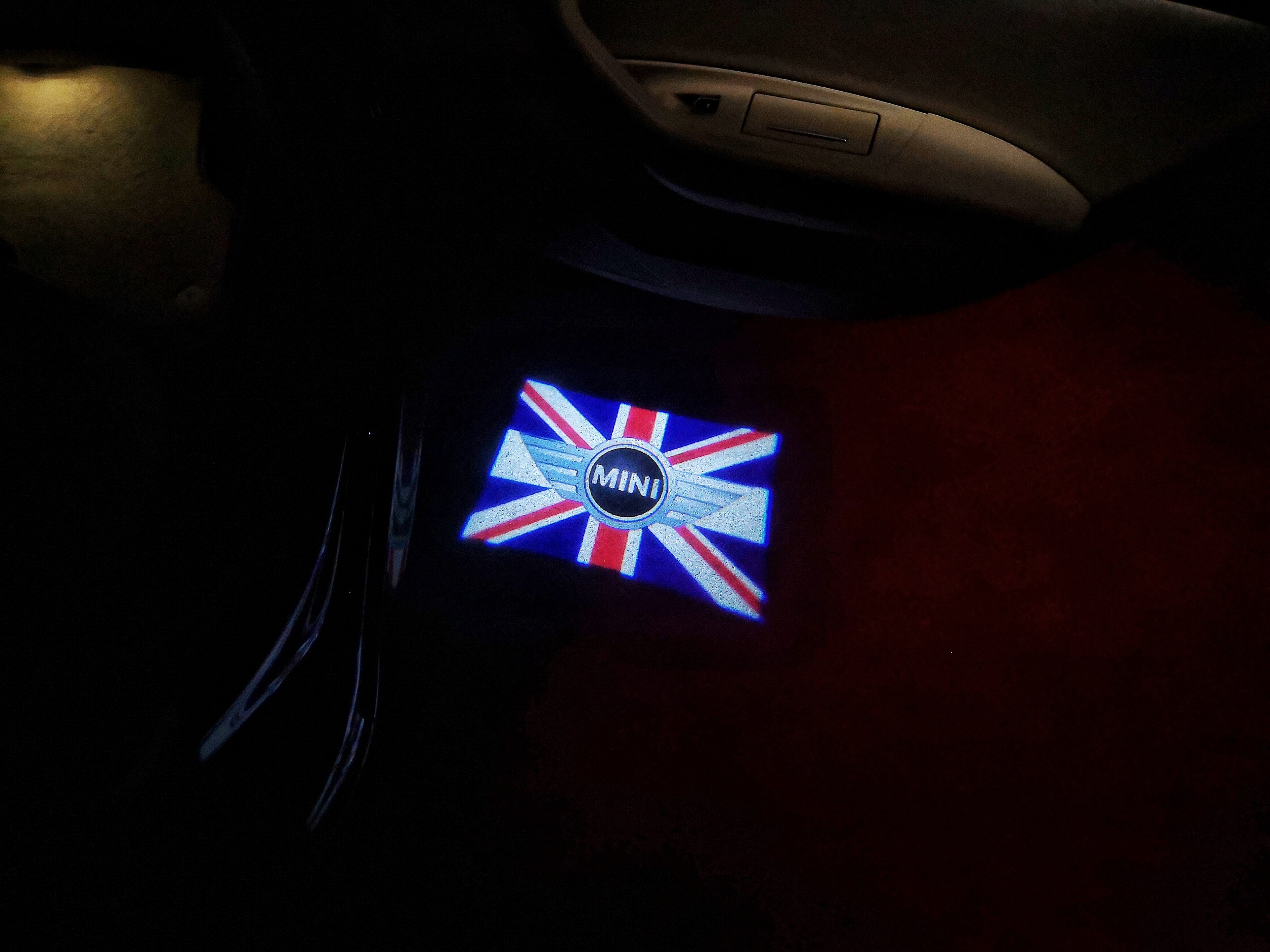 MINI BRITISH NATIONAL FLAG LOGO PROJEKTORLEUCHTEN Nr.09 (Menge 1 = 2 Logo Film / 2 Türleuchten)